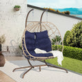 JOYBASE Double Swing Egg Chair with Stand, 2-Person Hanging Egg Chair Wicker Rattan Oversized Swinging Chair for Outdoor Indoor Garden Patio (Dark Blue Cushion and Beige Rattan)