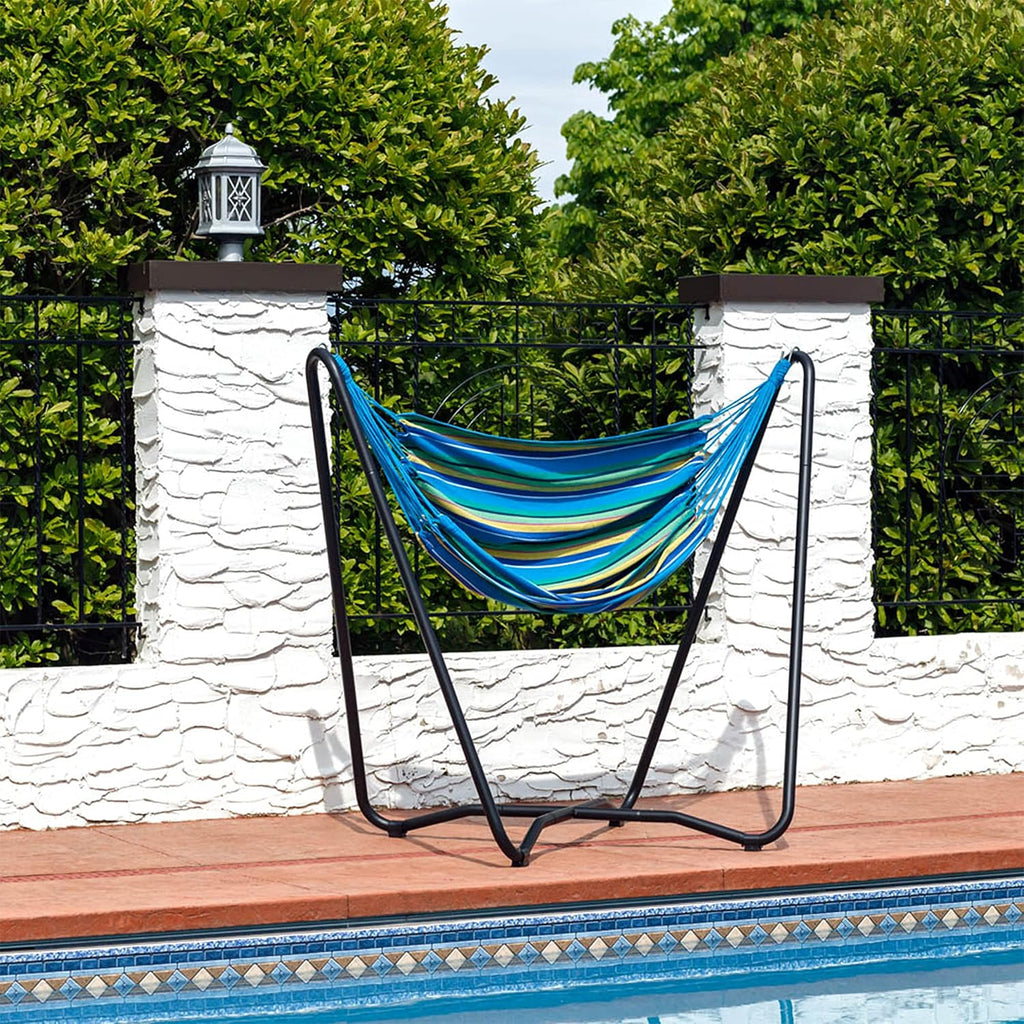 Sunnydaze Hanging Hammock Chair with Space-Saving Stand for Indoor or Outdoor Use - 330-Pound Capacity - Ocean Breeze