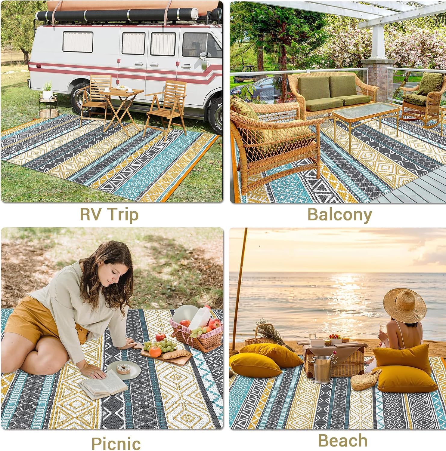 Garvee Outdoor Rug 10 ft x 20 ft Waterproof for Patios Clearance, Reversible Outdoor Plastic Straw Camping Rug Carpet, Large Rugs Mats for RV, Camper, Deck, Balcony, Porch, Beach, Picnic,Yellow & Gray