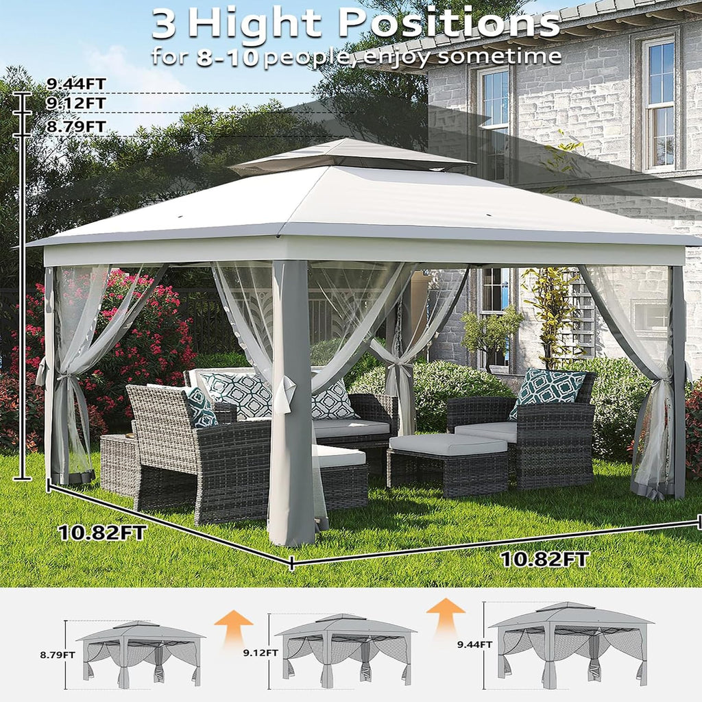 11x11ft Gazebo Tent with Mosquito Netting, Pop Up Gazebo, Mesh Screen with 4 Ropes, 8 Stakes, 4 Sandbags and Storage Bag, Outdoor Canopy for Backyard & Patio Furniture