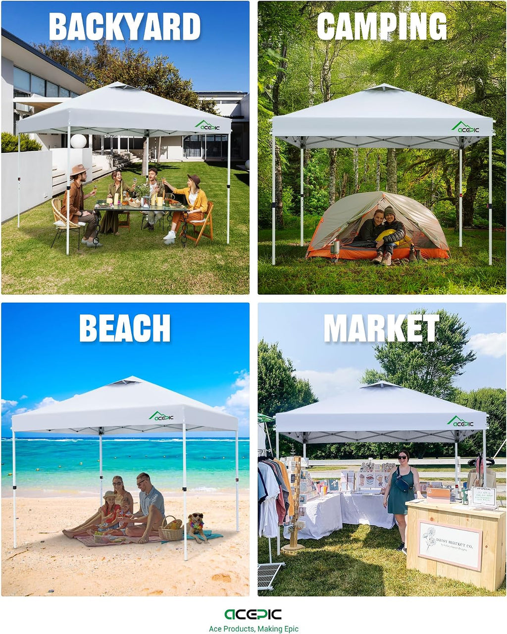 Acepic 10x10 Pop Up Canopy Tent, One Push Instant Outdoor Gazebo with Vented Top, Upgraded 300D Silver Coated Sun Shade for Parties Camping Vendor, Includes Wheeled Bag and 4 Sandbags, White
