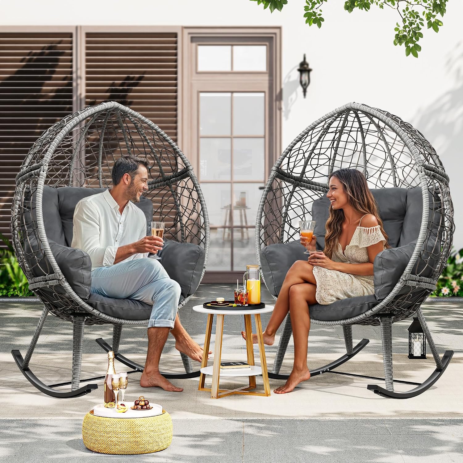 YITAHOME Wicker Rocking Egg Chair with Cushioned Comfort, Patio Rocker 250lb Capacity, Anti-Slip, All-Weather Resilient Rattan Design for Indoor & Outdoor Relaxation Spaces, Grey