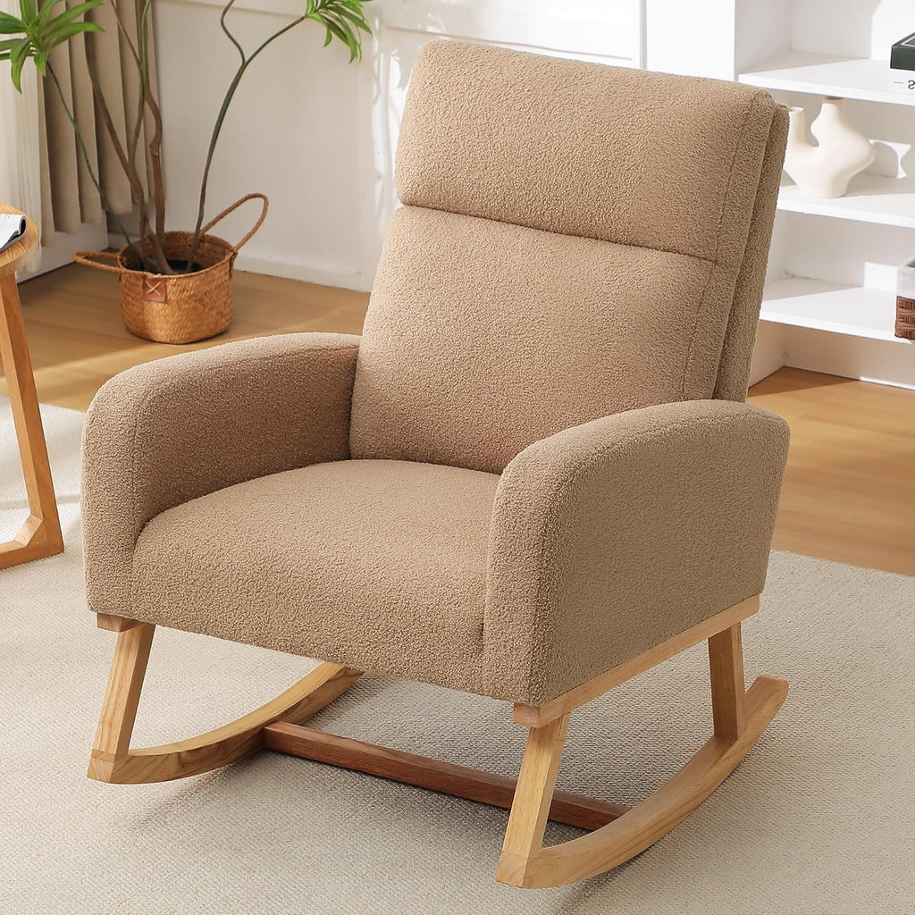 HCHAIRH Rocking Chair Nursery, Sherpa Nursing Rocking Chairs, Upholstered Nursery Glider Rocker for Mom Nursery Morden Accent Rocking Chair with Side Pocket for Living Room,Bedroom,Teddy Camel