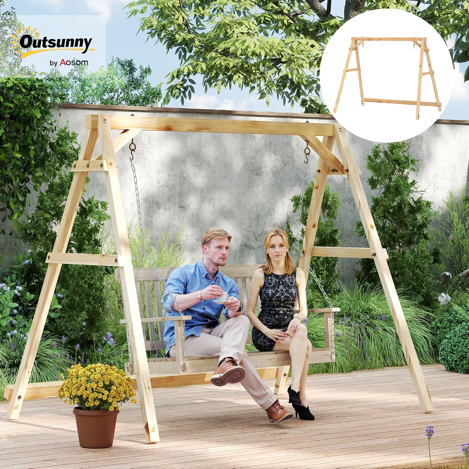 Outsunny 770lbs Porch Swing Frame, Heavy Duty A-Frame Wooden Swing Stand with Reinforced Bars, Freestanding Hanging Chair Stand Only for Porch, Lawn, Garden, Backyard, Teak