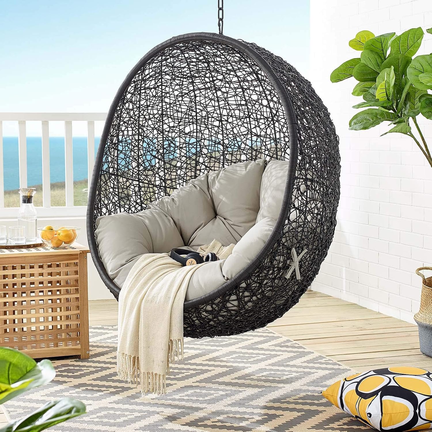 Modway EEI-739-BEI-SET Encase Swing Outdoor Patio Lounge Chair, With Stand, Beige