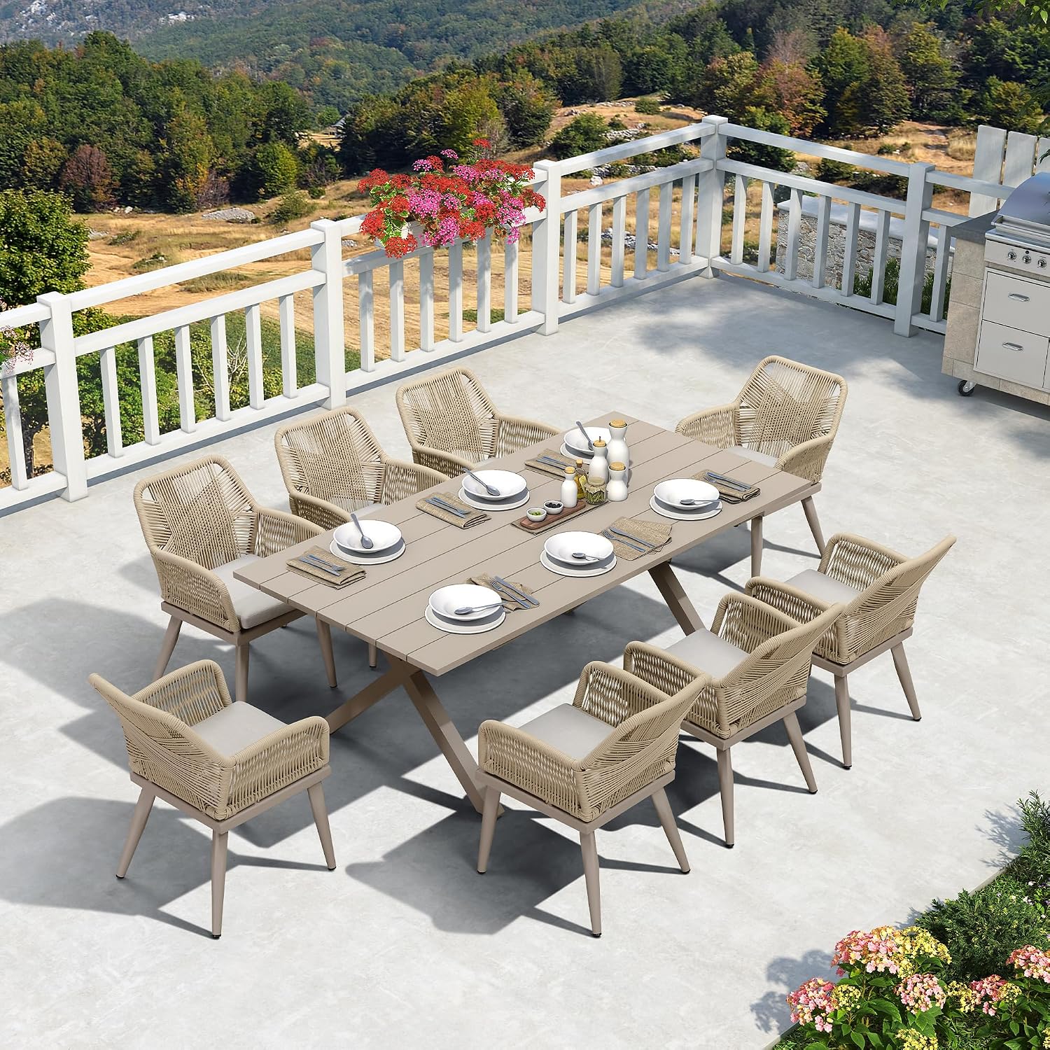 PURPLE LEAF 12' x 14' Outdoor Hardtop Gazebo with 9 Pieces Outdoor Dining Set, Champagne Aluminum Gazebo with Galvanized Steel Double Roof, Curtains and Netting for Patio Lawn and Garden