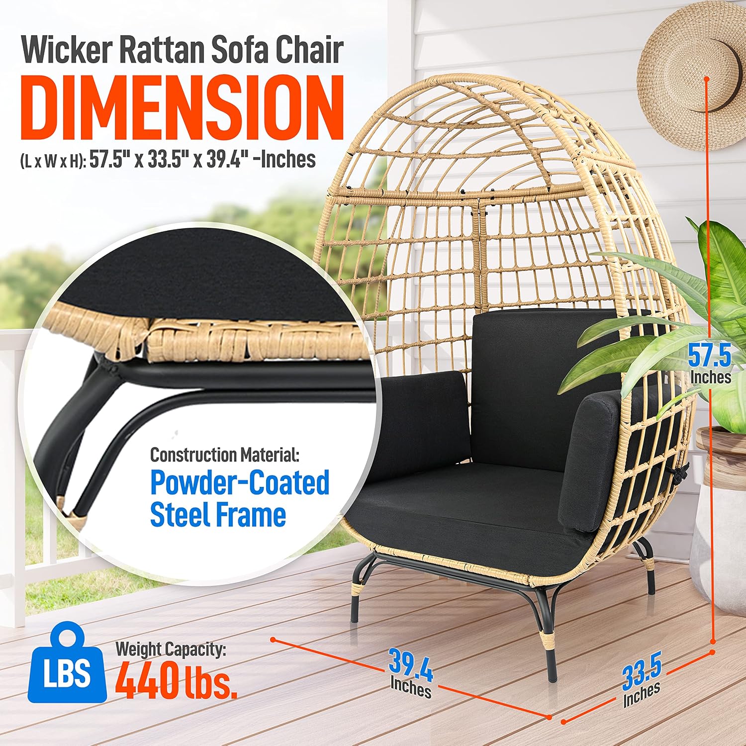 SereneLife Wicker Rattan Egg Chair with Cushions, Indoor Outdoor Egg Chair with Steel Frame and Washable Pillows, Woven Texture, Comfortable Design for Porch, Deck, Garden, or Room, Holds Up to 440lbs