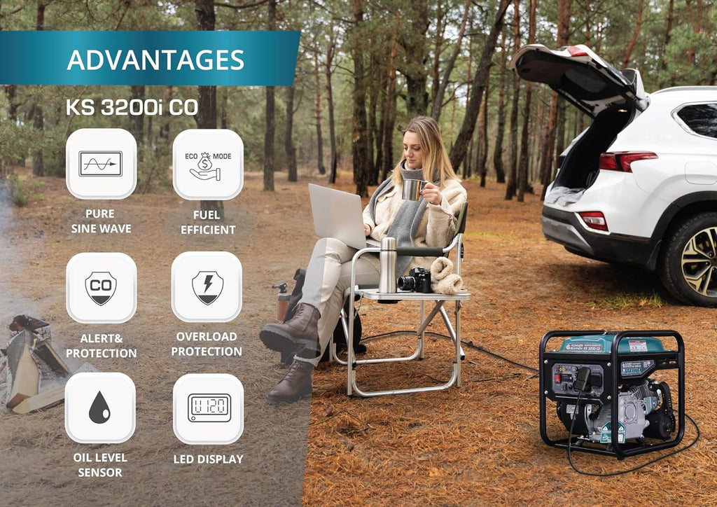 Konner&Sohnen Gas Inverter Generator - 3200 Watts, 230V, Lightweight and Portable, with CO Sensor and Fuel-Efficient technology (German brand, model: KS 3200i CO)
