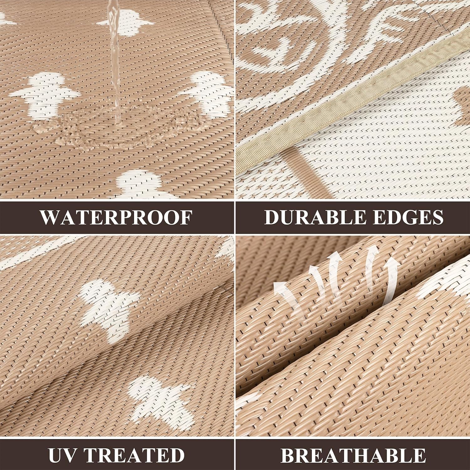 Pauwer Waterproof Outdoor Rug 10x14, Reversible Plastic Straw Patio Camping Rug, Indoor Outdoor RV Mat Carpet for Deck, Camper, Porch, Balcony, Picnic, Bordered Beige