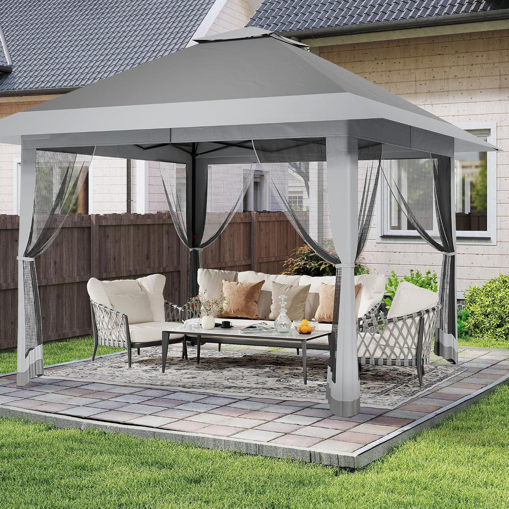 13x13FT Pop Up Gazebo with Mosquito Netting, Outdoor Canopy Tent with Double Roof, Folding Gazebo for Patio, Backyard, Garden, Camping, Party, Wedding, Adjustable Height Green