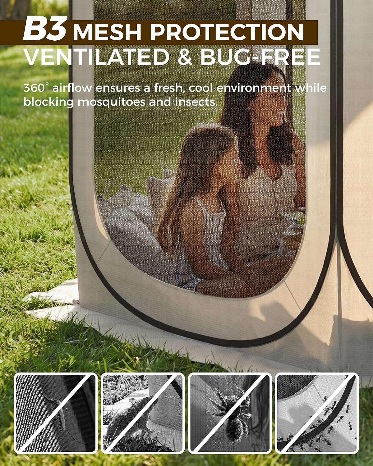 12x12 FT Pop-Up Screen Tent, Portable Screen Room Canopy with Zipper Doors for Patio, Backyard, Deck & Outdoor Activities, Beige