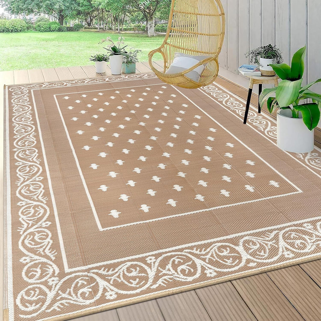 Pauwer Waterproof Outdoor Rug 10x14, Reversible Plastic Straw Patio Camping Rug, Indoor Outdoor RV Mat Carpet for Deck, Camper, Porch, Balcony, Picnic, Bordered Beige