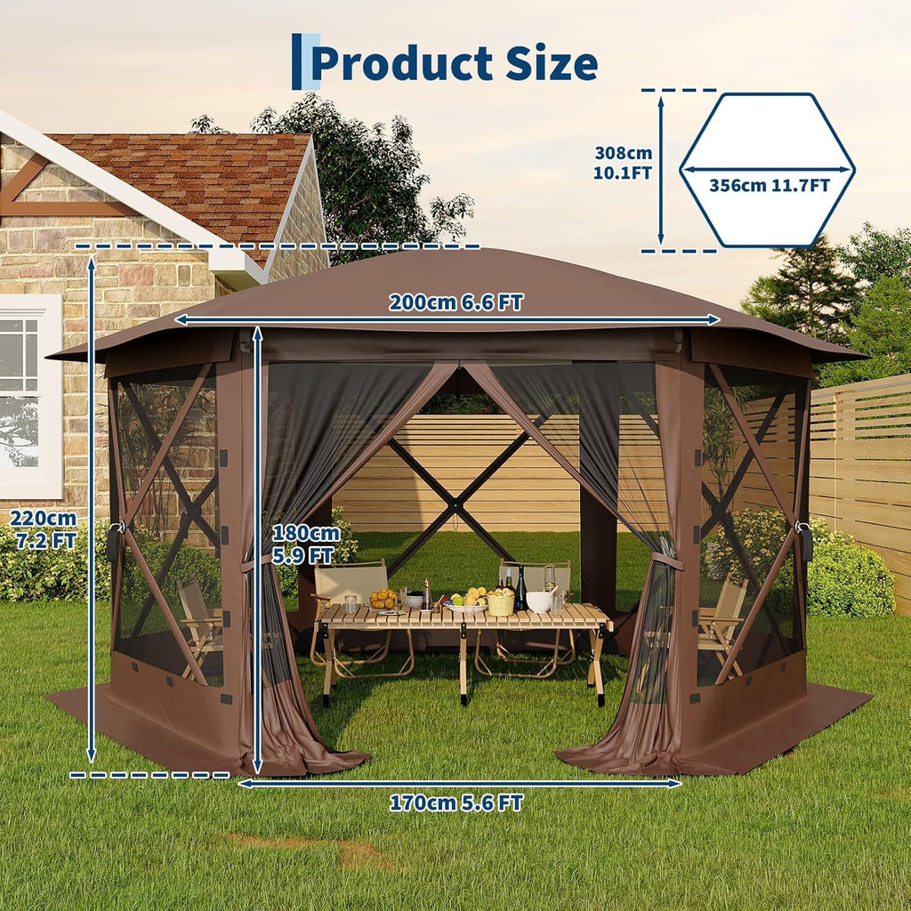 GarveeLife 11.5x11.5FT 6-Sided Pop Up Gazebo Tent，One-Push Setup Canopy Tent with Mesh Panels & Removable Wind Cloths, Outdoor shelter for Camping, Backyard Parties, Outdoor Events - Beige & Khaki