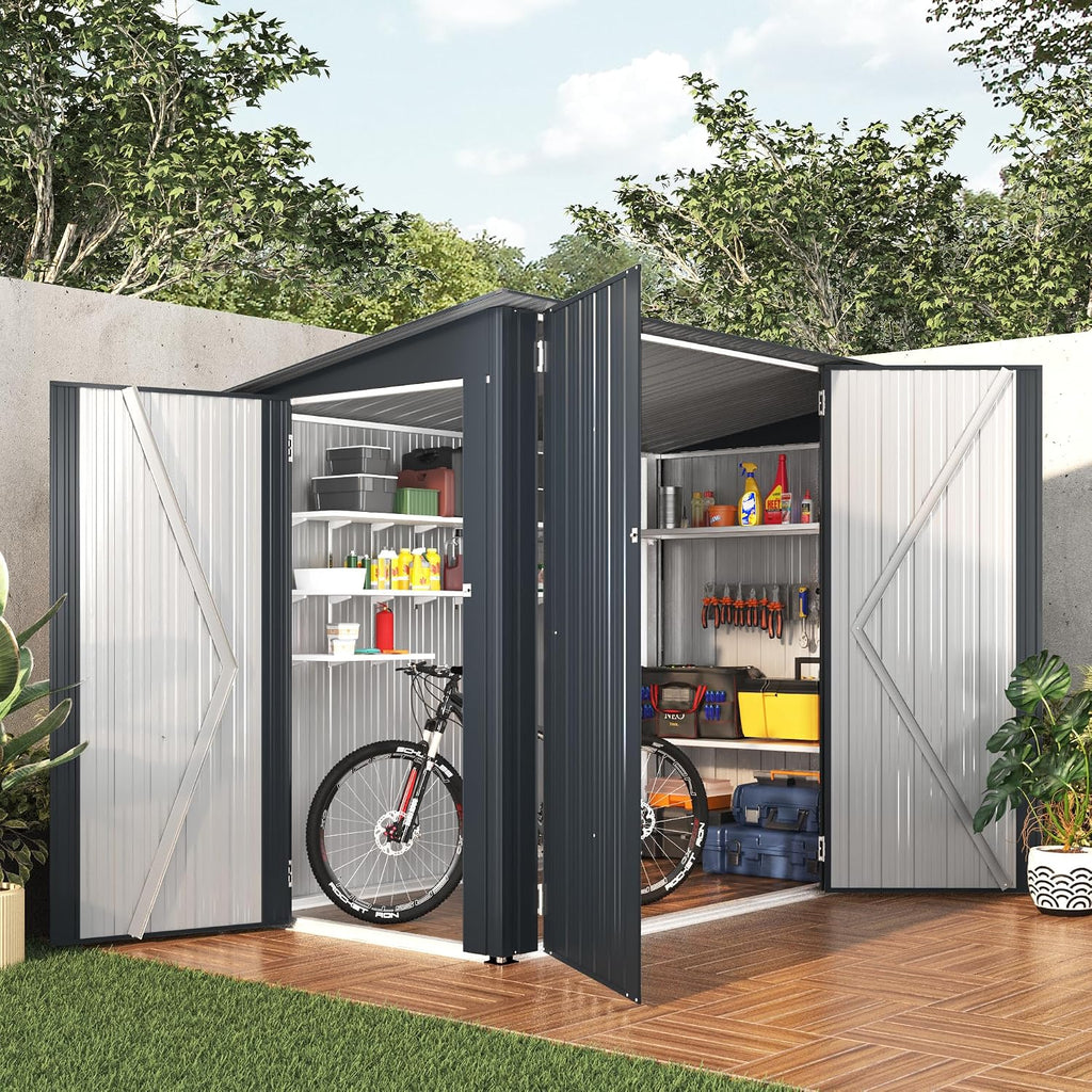 AECOJOY 4'x7' Outdoor Storage Lean to Shed,7x4 Outdoor Horizontal Metal Sheds & Outdoor Storage with Triple Lockable Door, Small Metal Storage Cabinet for Bicycles, Tools Storage for Garden Use
