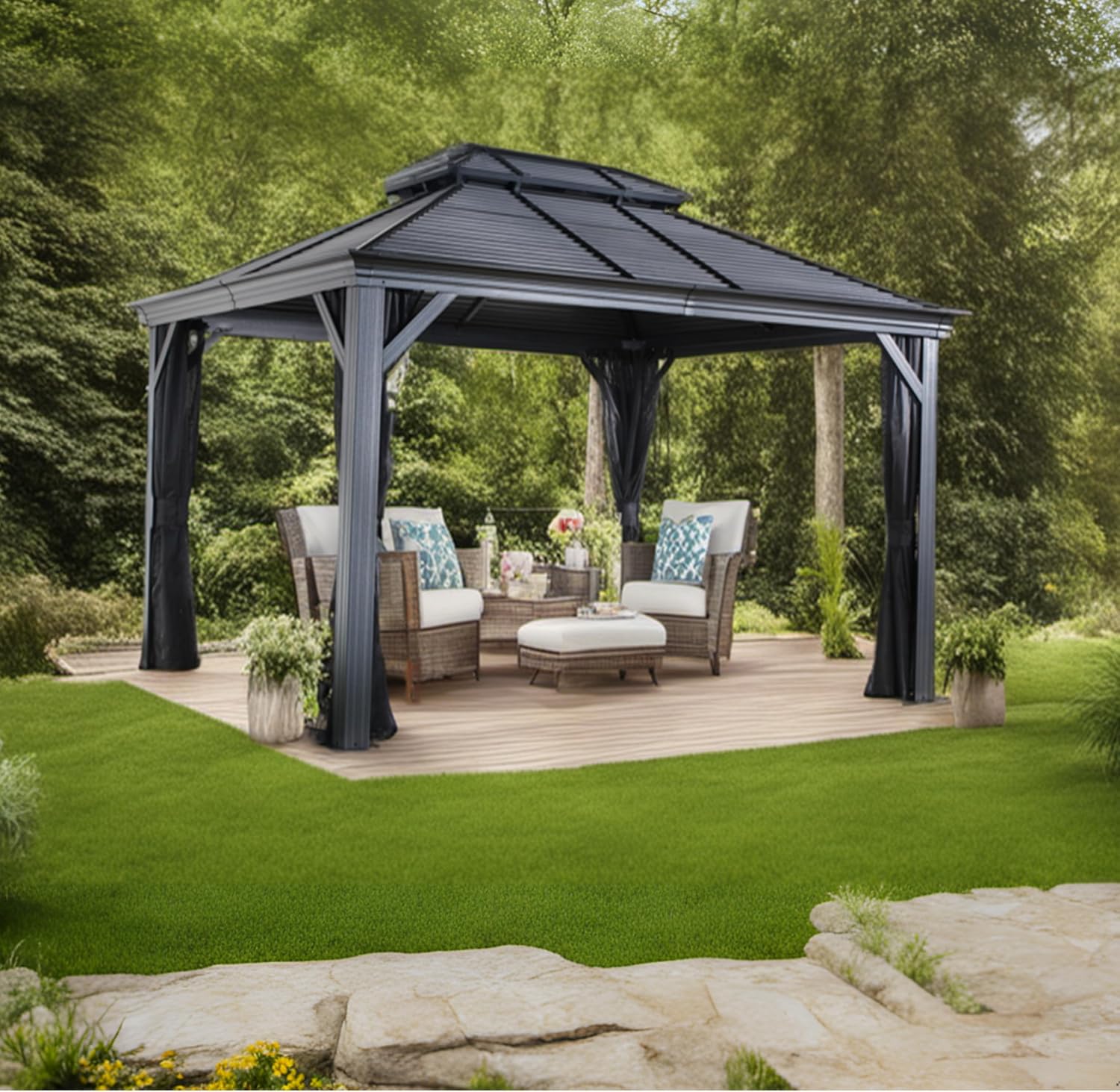 Hardtop Gazebo with Galvanized Steel Double Roof, Rustproof Aluminum Frame, Privacy Netting, and All-Weather Outdoor Shelter, Dark Grey (10x14)