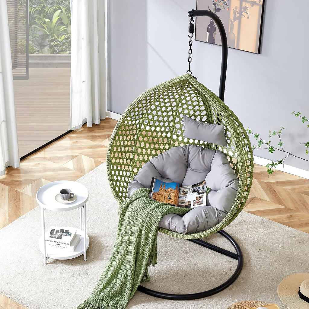 Hanging Egg Swing Chair with Stand, Rattan Wicker Hanging Egg Chair Hammock Indoor with Cushions, Swinging Chair for Bedroom Outdoor Patio Balcony Backyard Sunroom Heavy Duty 350LBS, Green