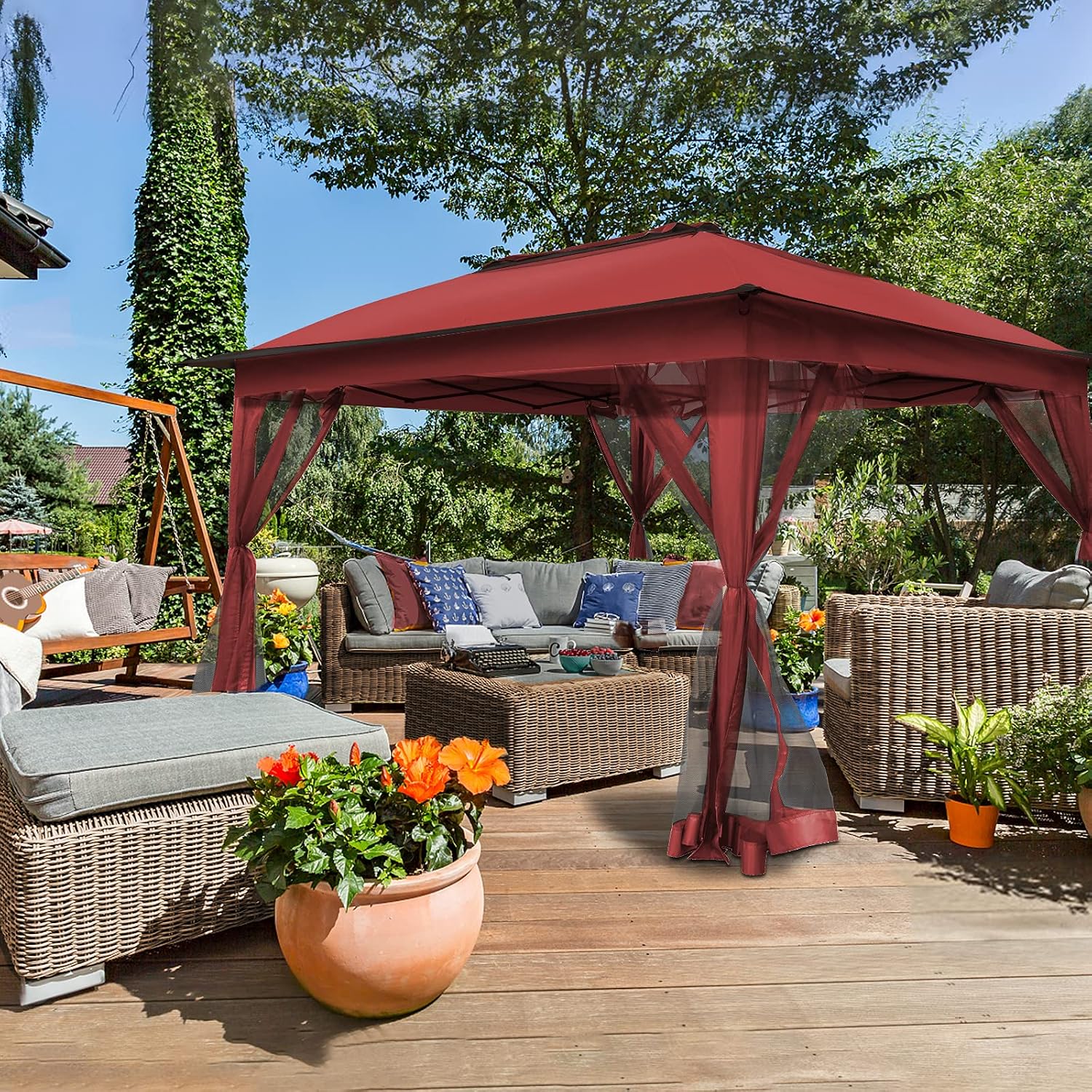 11'x11' Pop Up Gazebo for Patios Canopy Tent with Sidewalls Outdoor Gazebo with Mosquito Netting Pop Up Canopy Shelter Wedding, Red