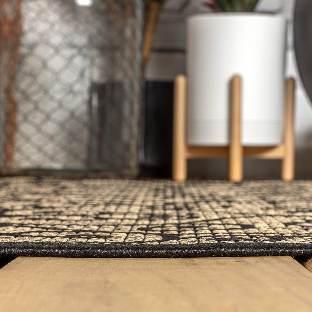 JONATHAN Y Vintage Filigree Indoor Outdoor Runner Rug 2X14 Black/Khaki, Madrid Textured Weave for Backyard, Patio, Porch, Easy-Cleaning, High Traffic, Pet-Friendly, Non-Shedding (SMB107A-214)