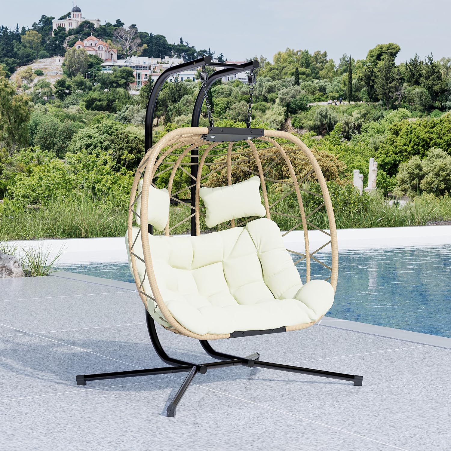 DoubleTT Double Swing Egg Chair with Stand, Oversized 2 Person Indoor Outdoor Wicker Patio Basket Hanging Chair with Beige Cushion 550 LBS Capacity for Bedroom Balcony