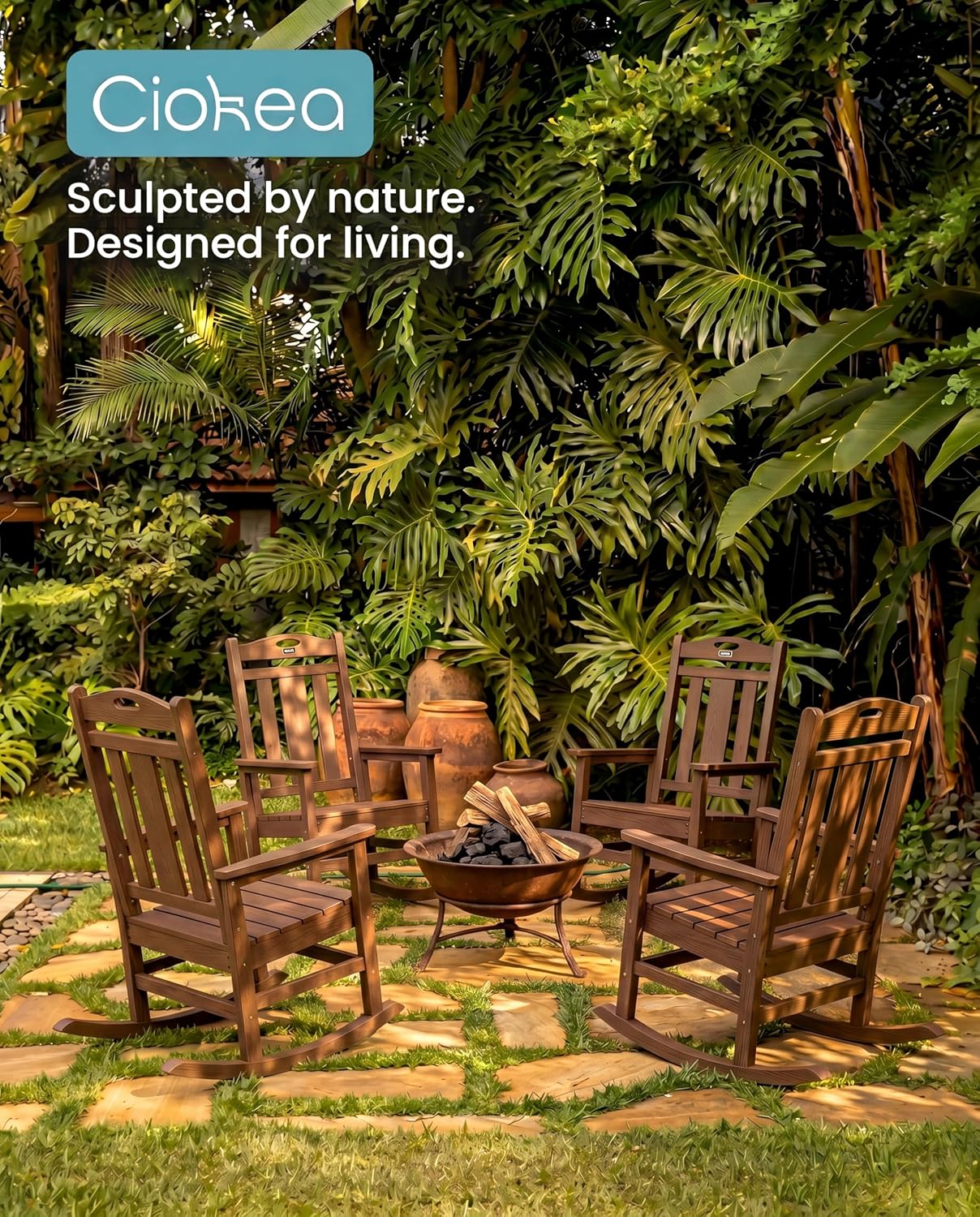 Ciokea Oversized Outdoor Rocking Chair, 380lbs Heavy-Duty Large Patio Rocker, Weather Resistant & Anti-Fade Porch Chair, High Back Cozy Rocking Chair for Outside, Fire Pit, Deck, Garden, Brown