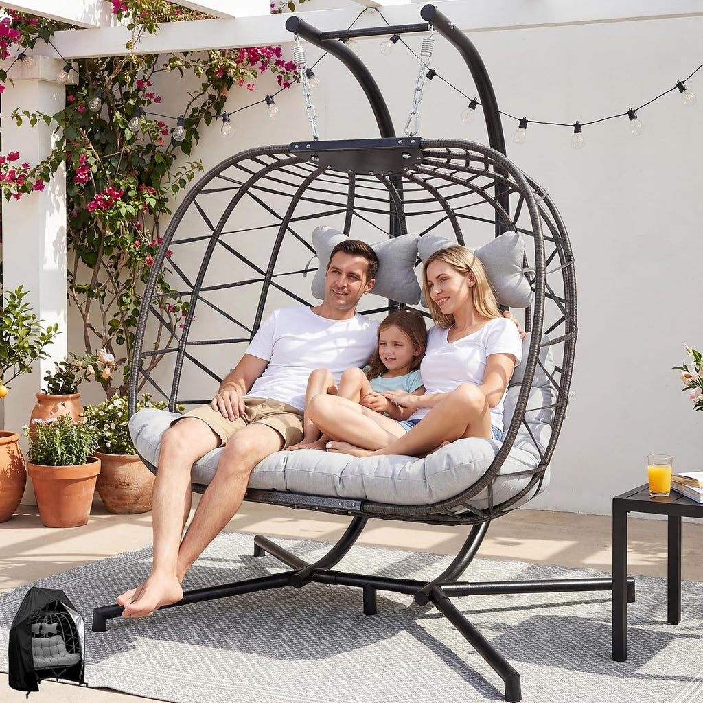 BULEXYARD Extra Large 2 Person Double Egg Swing with Stand and Cover, Heavy Duty Outdoor Wicker Hammock Loveseat, Oversized Comfy Cushion Chair for Garden Balcony Backyard Porch, Light Grey