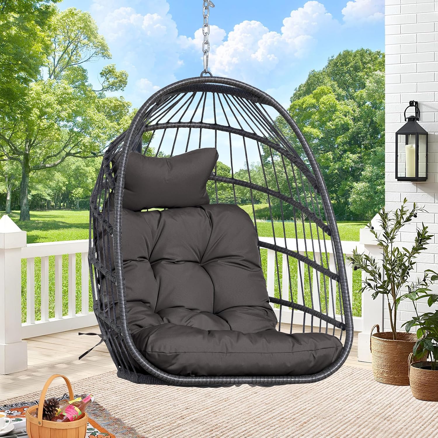 RADIATA Outdoor Egg Chair Without Stand, Foldable Durable Rattan Wicker Hanging Swing Basket, 350 Lbs Heavy-Duty Hammock Chair with Cushion for Patio Balcony Garden Ceiling or Tree Mount, Dark Gray