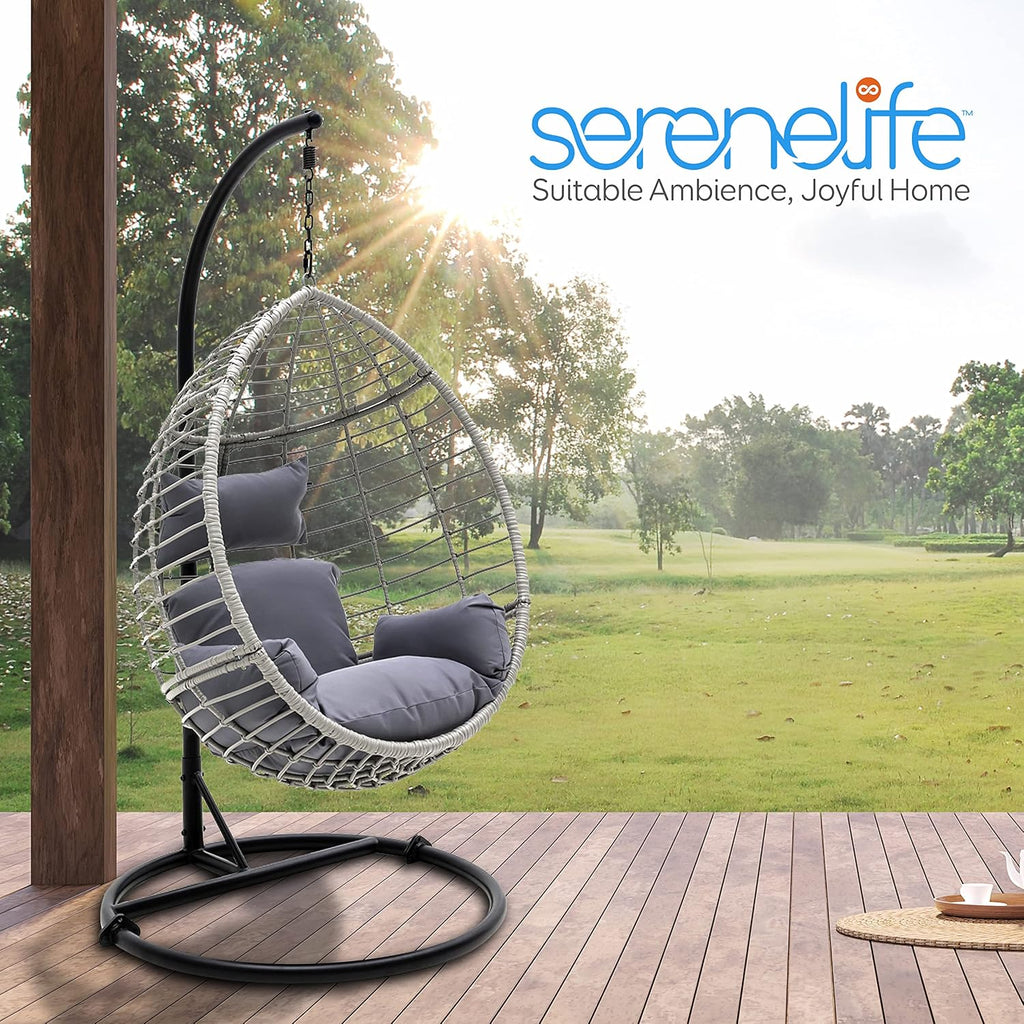 SereneLife Hanging Egg Chair for Outdoor & Indoor Use – Wicker Rattan Swing Chair with Cushions, Powder-Coated Steel Frame, Washable UV-Resistant Cover, Gray, Modern Patio Hammock Seat