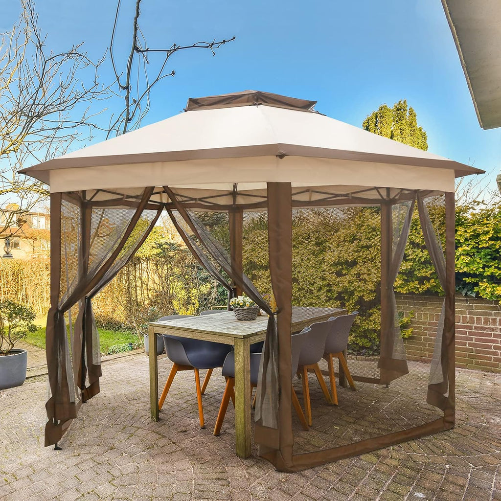 EAGLE PEAK 6-Sided Outdoor Camping Pop Up Gazebo w/Screen Netting, 13x13 Double-Tier Hexagonal Outdoor Canopy Tent for Patio, Garden, Party, Backyard, Beige