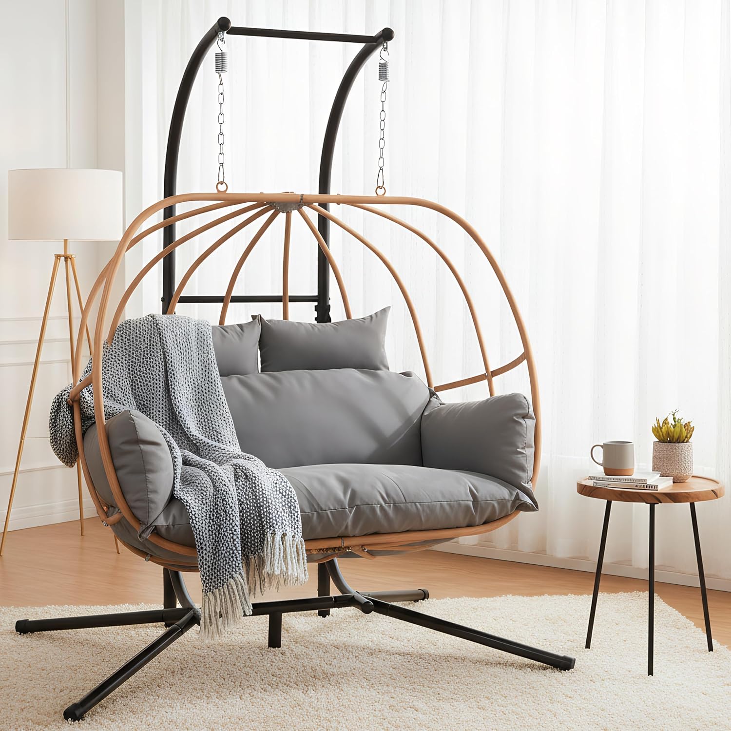 Double Egg Chair with Stand, Oversized Egg Chair Outdoor, 2-Person Hanging Eggs Chairs, 600Lbs Sturdy Loveseat Swinging Chair for Balcony, Patio, Deck, Grey