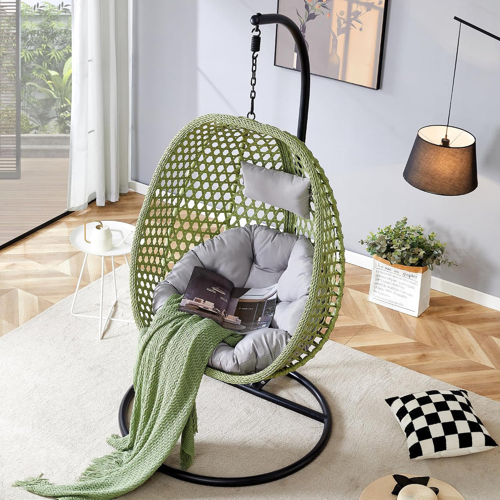 Egg Chair Indoor Outdoor, Hanging Chair for Bedroom, Swing Chair Hammock with Stand & Cushions, Comfy Swinging Chair Adult Reading Chair for Patio Balcony Backyard, Heavy Duty 350LBS, Green