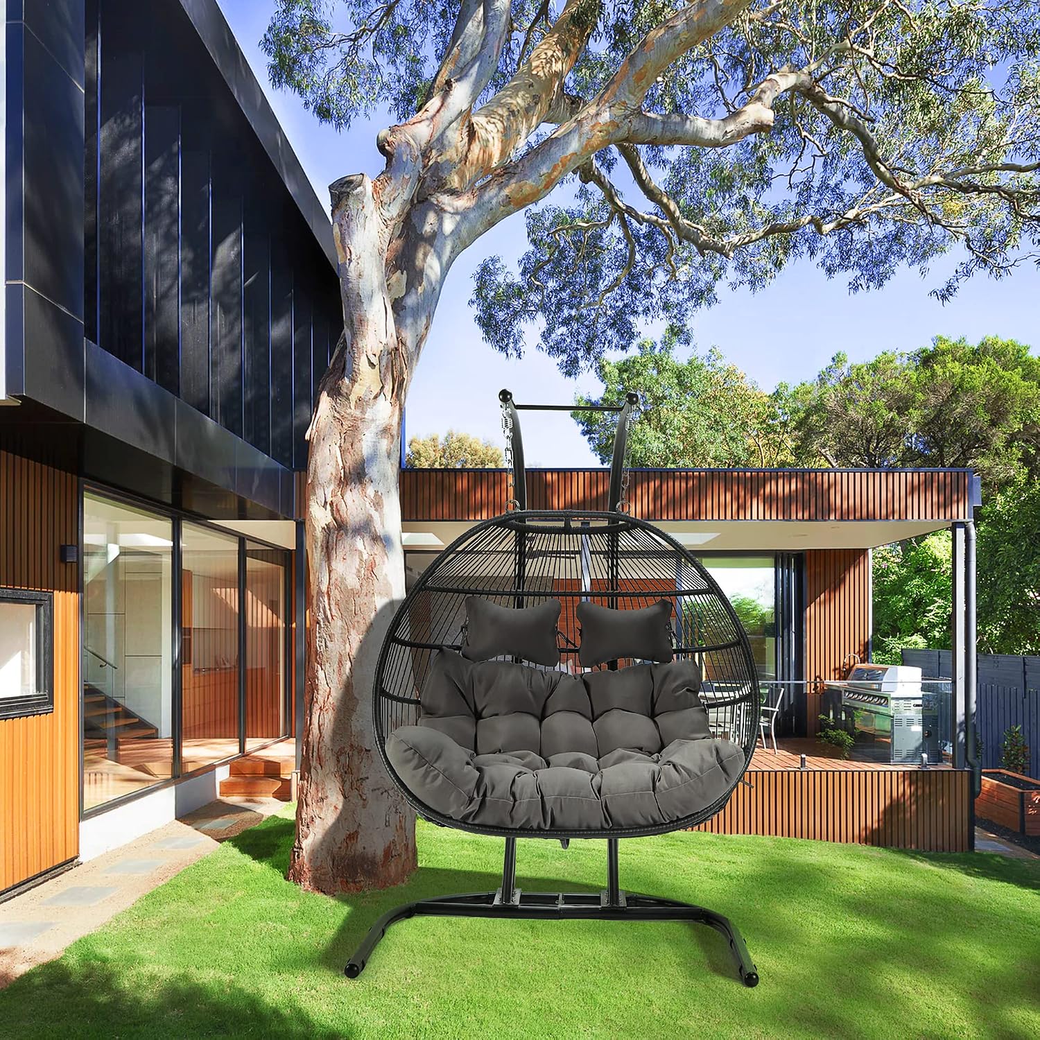 2 Person Hanging Double Swing Chair, Foldable Egg Chair with Stand and Cushion for Indoor Outdoor Patio Garden