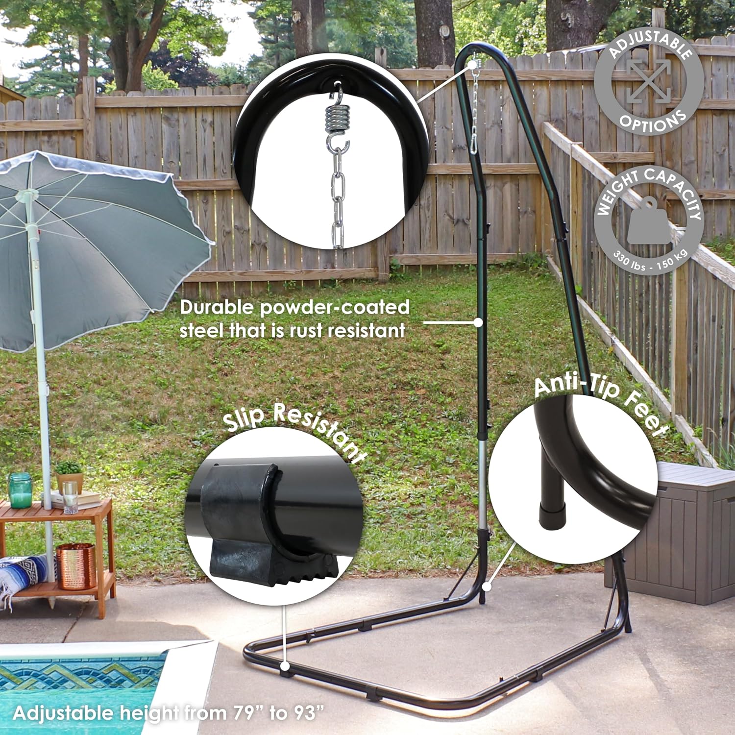 Sunnydaze Adjustable Hammock Chair Stand Only - 79-Inch to 93-Inch Tall Hanging Chair Stand - Heavy-Duty 330-Pound Weight Capacity
