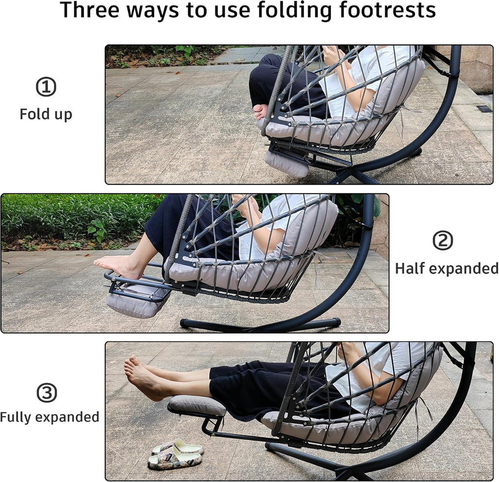 Outdoor Egg Swing Chair with Stand and Footrest, Comfy Patio Hammock Hanging Rocking Egg Chair with Cushion for Bedroom Indoor, Dark Gray (Light Grey)