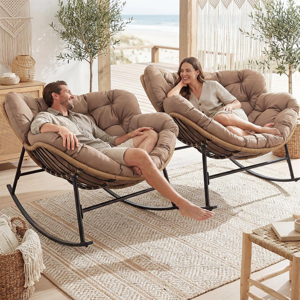 BULEXYARD Double Rocking Lounge Chairs Outdoor, 2 PCS Papasan Rocking Chair with Padded Cushion, All Weather PE Wicker Recliner Glider, Big Comfy Egg Rocker for Indoor Balcony, Bedroom, Livingroom