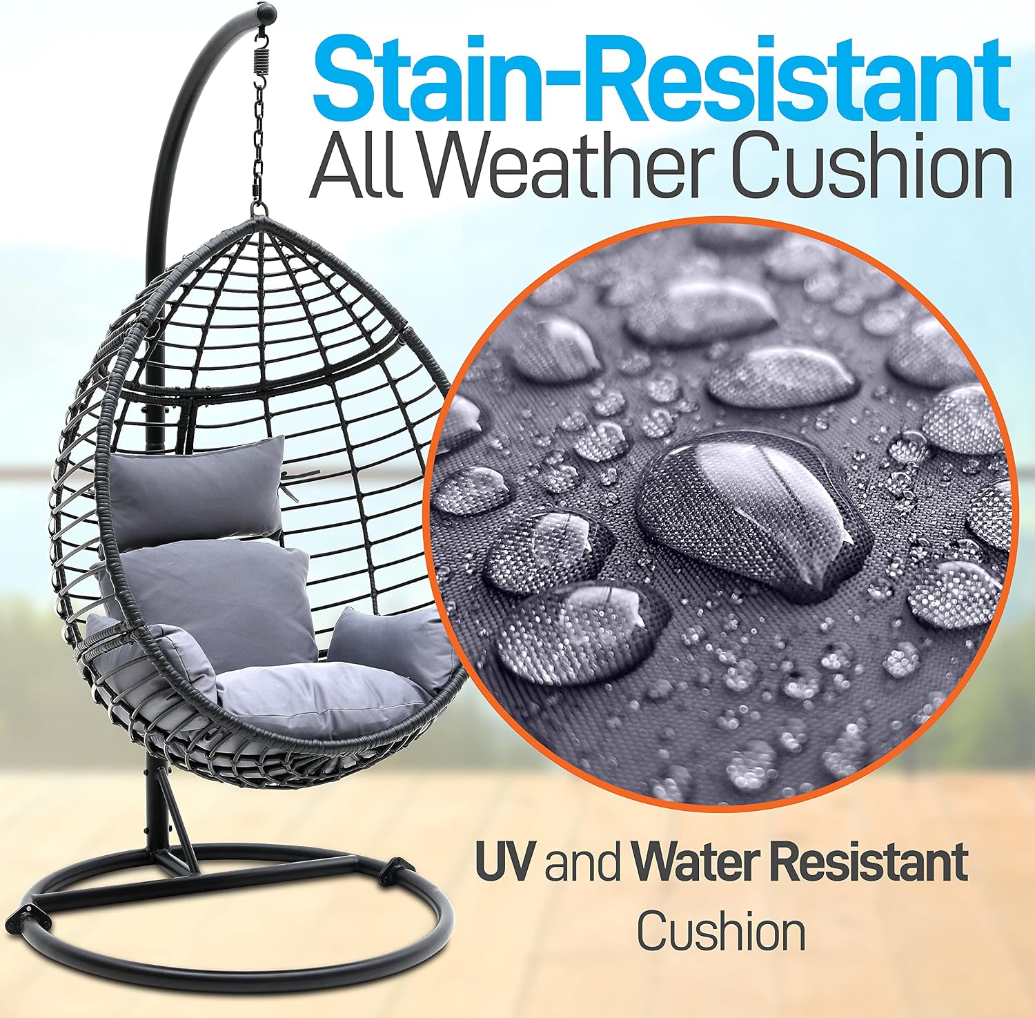 SereneLife Black Wicker Rattan Hanging Egg Chair – Indoor/Outdoor Swing Chair with Washable Cushions, Powder-Coated Steel Frame, Weather-Resistant Hammock Seat for Patio, Porch, Garden
