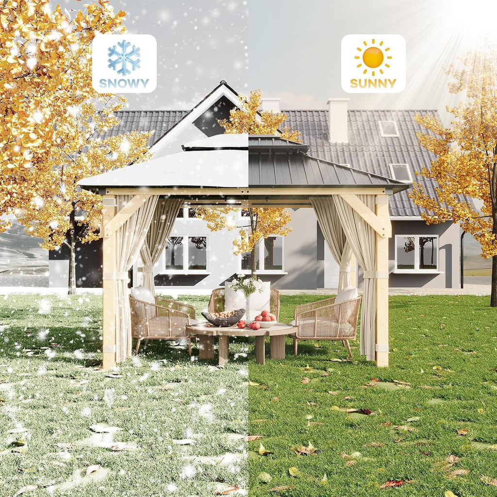 10' x 12' Patio Gazebo Wooden Gazebo with Solid Spruce Frame and Aluminum Double Roof Suitable for Gardens, Patios, Lawns, and Parties Curtains and Netting Included!