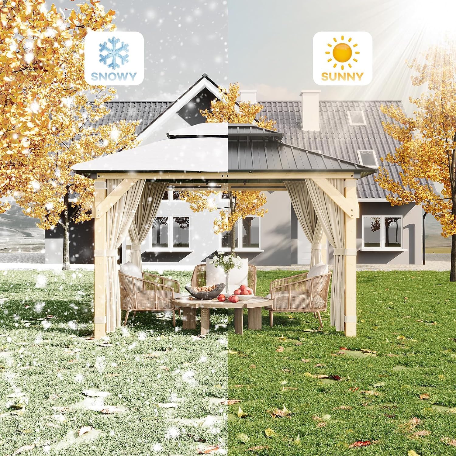 10' x 12' Patio Gazebo Wooden Gazebo with Solid Spruce Frame and Aluminum Double Roof Suitable for Gardens, Patios, Lawns, and Parties Curtains and Netting Included!