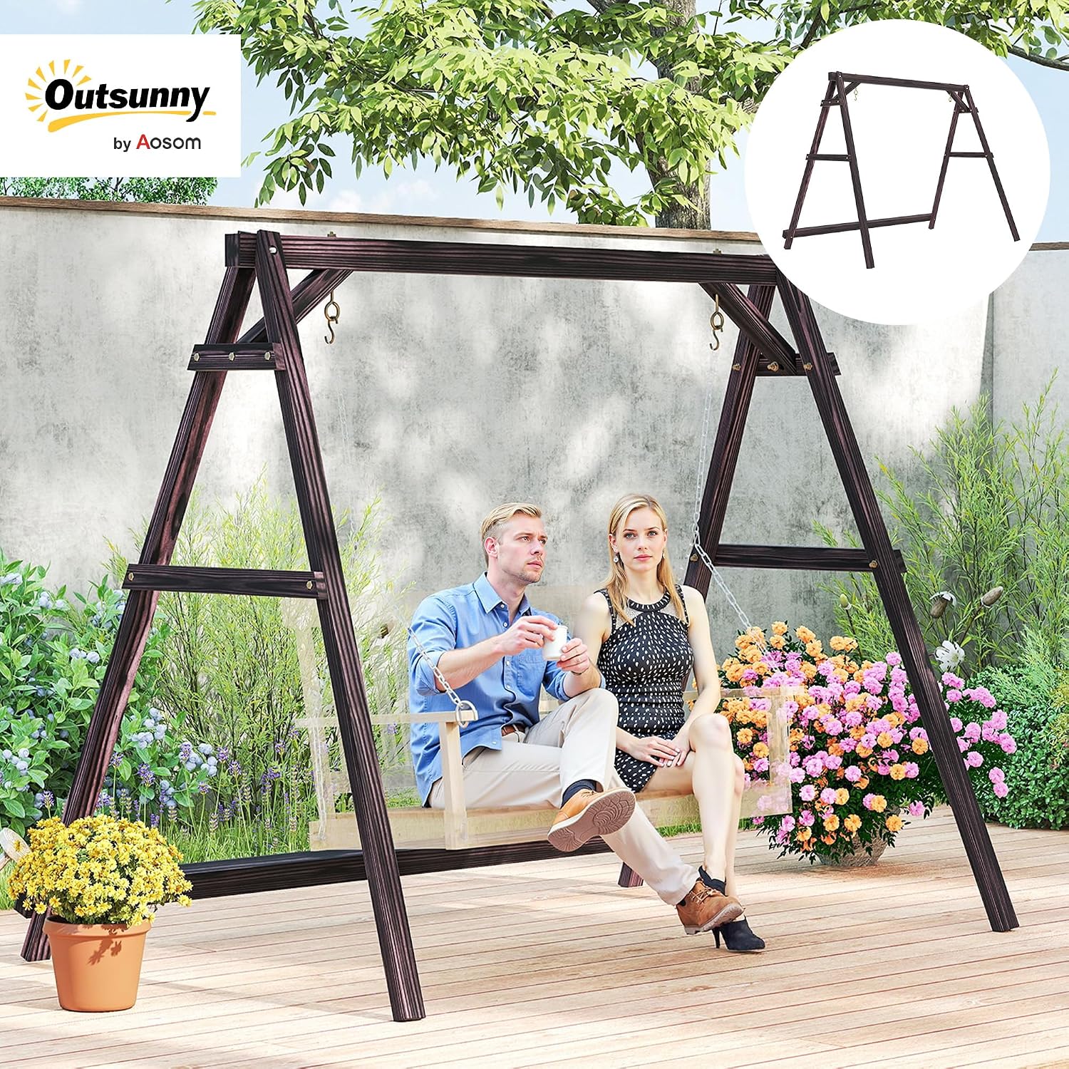 Outsunny 770lbs Porch Swing Frame, Heavy Duty A-Frame Wooden Swing Stand with Reinforced Bars, Freestanding Hanging Chair Stand Only for Porch, Lawn, Garden, Backyard, Carbonized