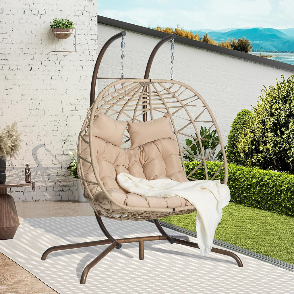 JOYBASE Double Swing Egg Chair with Stand, 2-Person Hanging Egg Chair Wicker Rattan Oversized Swinging Chair for Outdoor Indoor Garden Patio (Khaki Cushion and Beige Rattan)