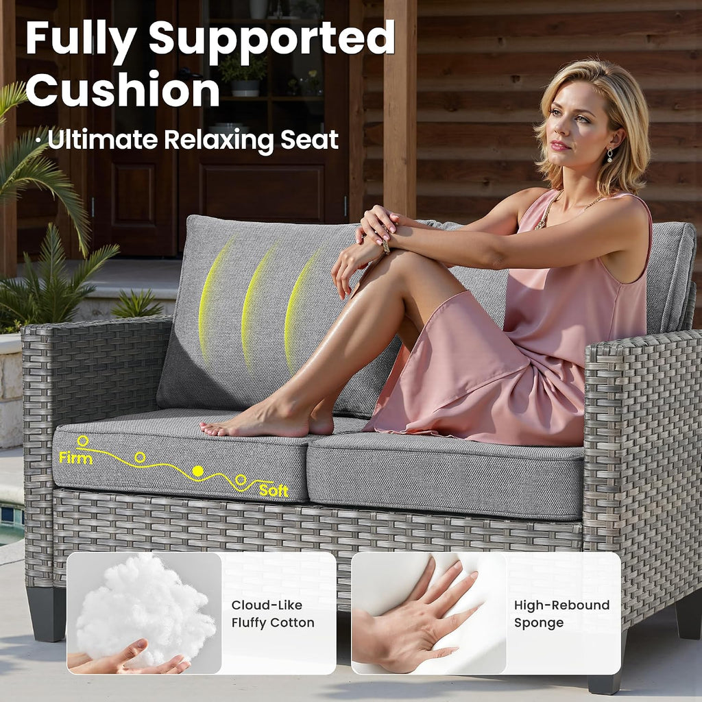 ovios 7-Pieces Patio Furniture Set, Outdoor Wicker Sofa Couch with Swivel Glider Chairs Loveseat Comfy Cushions Modern Conversation Set for Backyard Porch, Dark Grey