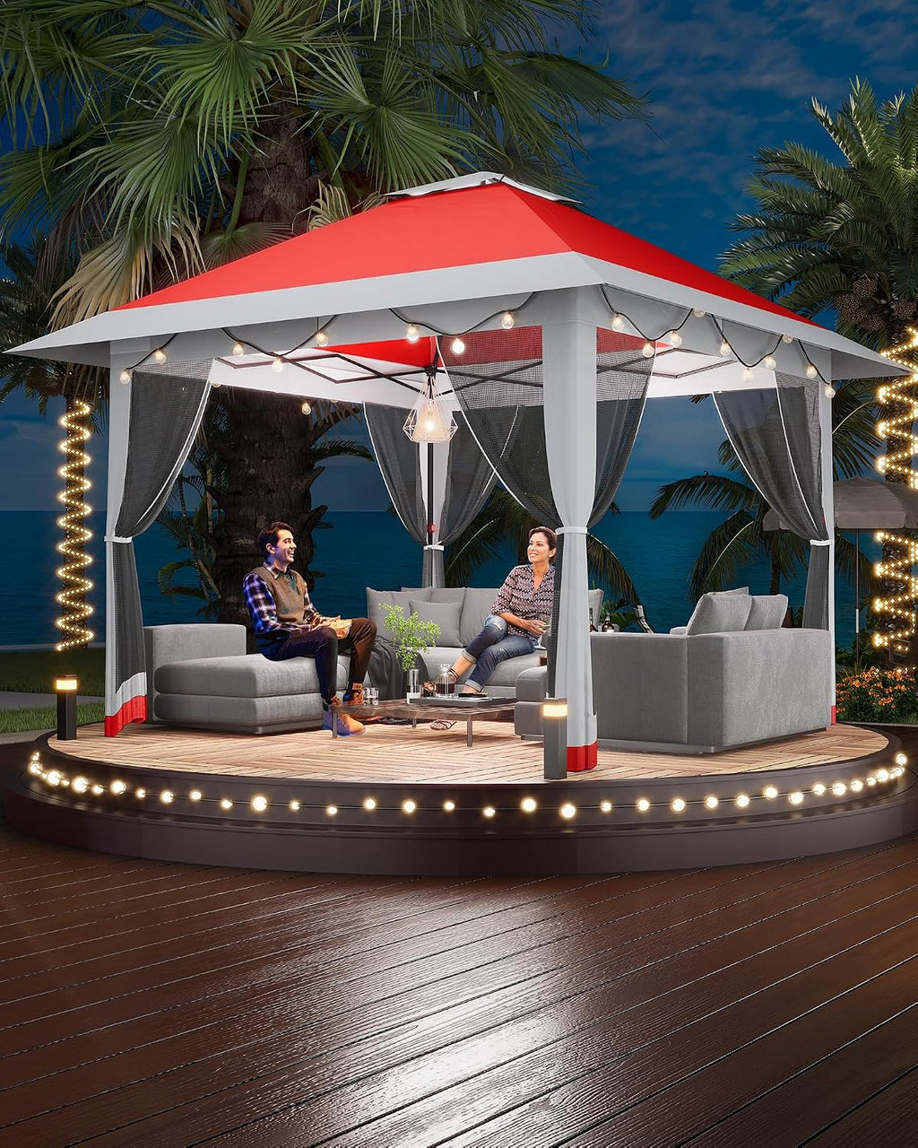 13'x13' Pop Up Gazebo, Outdoor Canopy Tent with Mosquito Netting, Pop Up Canopy with Double Roof Design & Adjustable Height, UV-Resistant Patio Gazebo Sunshade for Graden/Backyard/Lawn/Beach (Red)