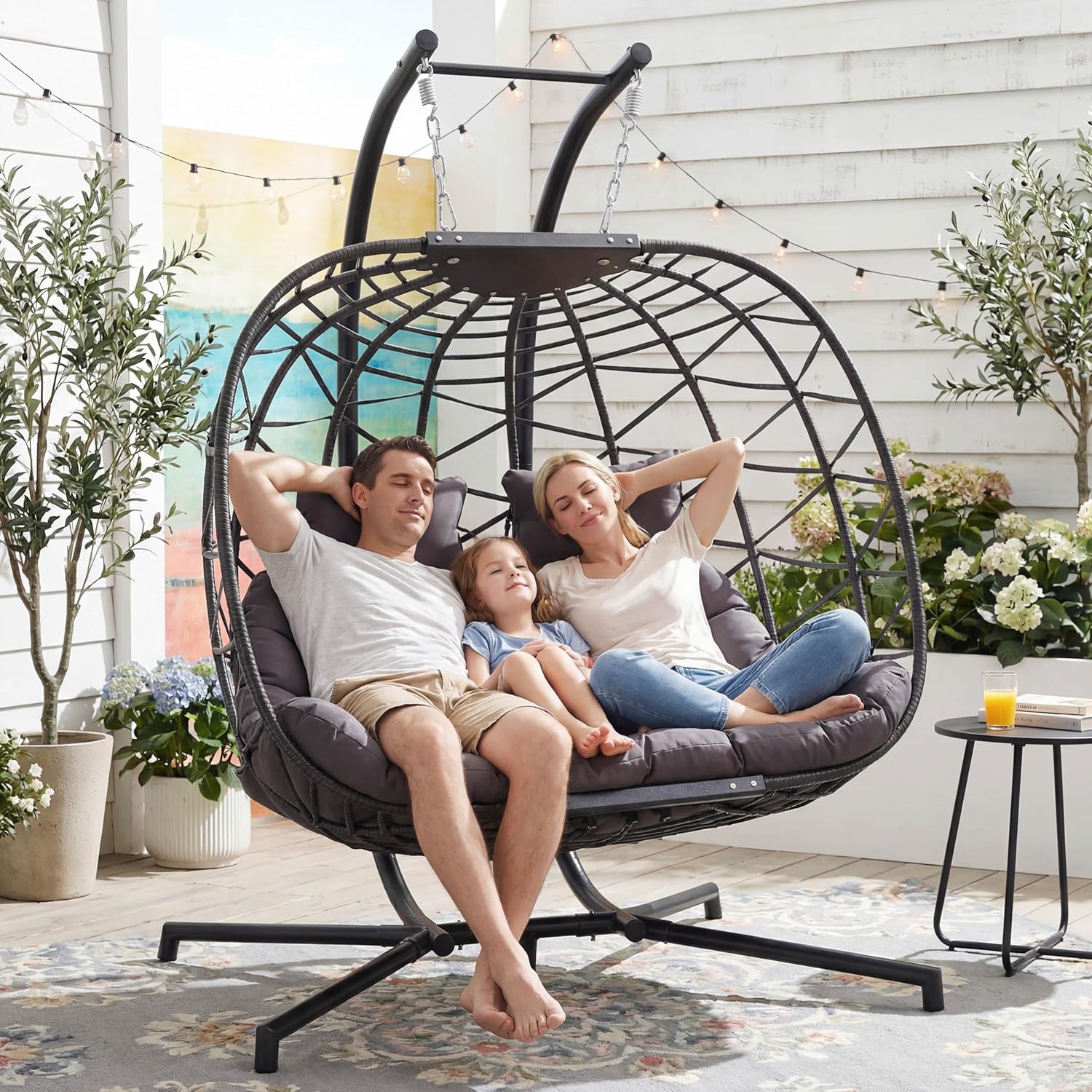 BULEXYARD Extra Large Double Hanging Egg Chair with Stand, 2 Person Outdoor Indoor Swing Chair, Heavy‑Duty Wicker Hammock Loveseat with Cushion for Patio Balcony Backyard, Dark Gray