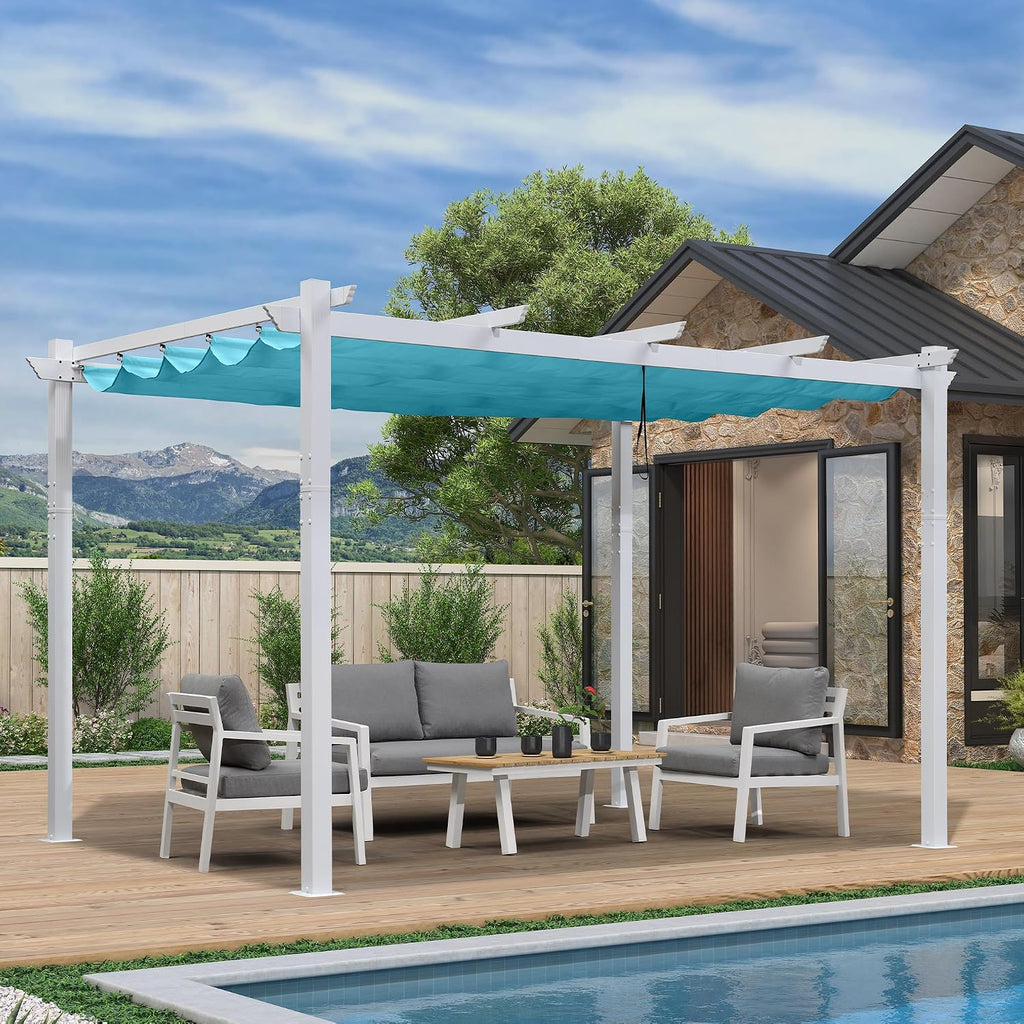 PURPLE LEAF 10' X 13' Outdoor Retractable Pergola with Sun Shade Canopy Cover White Patio Metal Shelter for Garden Porch Yard BBQ Beach Gazebo Grape Trellis Pergola, Turquoise Blue