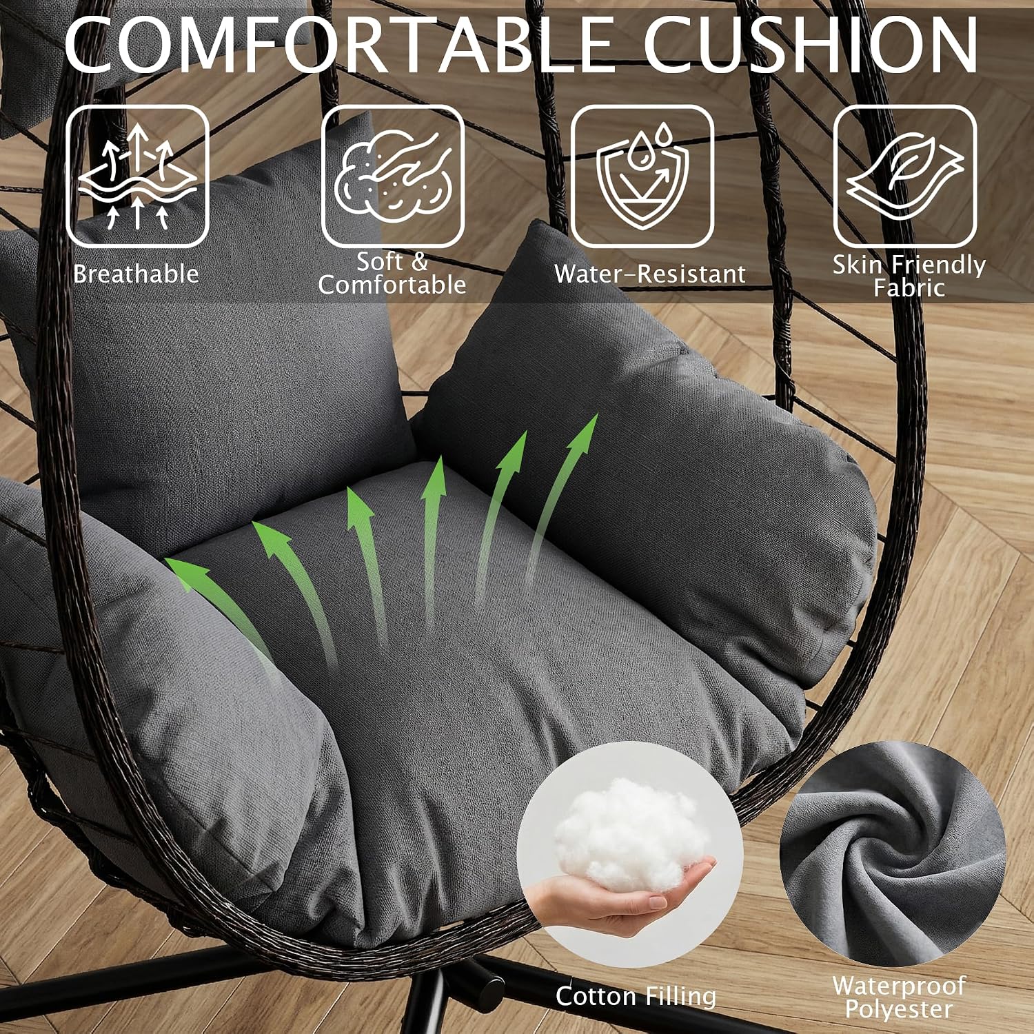 LEX CRAFT Hanging Egg Chair with Stand, Swinging Egg Chair Outdoor Indoor, Hanging Basket Chair with Cushion, Patio Wicker Hammock Chair 350lbs Capacity for Porch, Balcony, Backyard, Garden (Grey1)