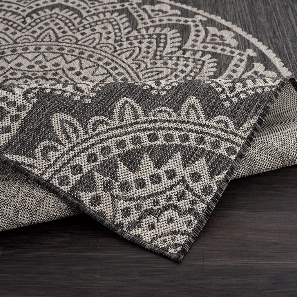 CAMILSON Outdoor Rug 9x12 Modern Area Rugs for Large Indoor and Outdoor Patios and Porches - Washable, Non-Shedding, Easy-to-Clean Outside Carpet (9 x 12, Medallion - Dark Grey/Light Grey)