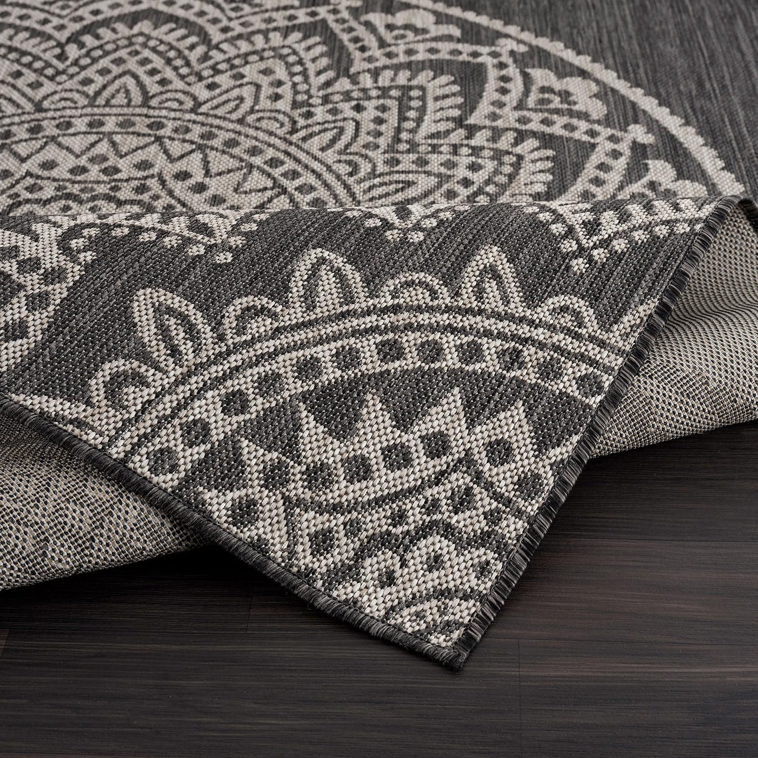 CAMILSON Outdoor Rug 9x12 Modern Area Rugs for Large Indoor and Outdoor Patios and Porches - Washable, Non-Shedding, Easy-to-Clean Outside Carpet (9 x 12, Medallion - Dark Grey/Light Grey)