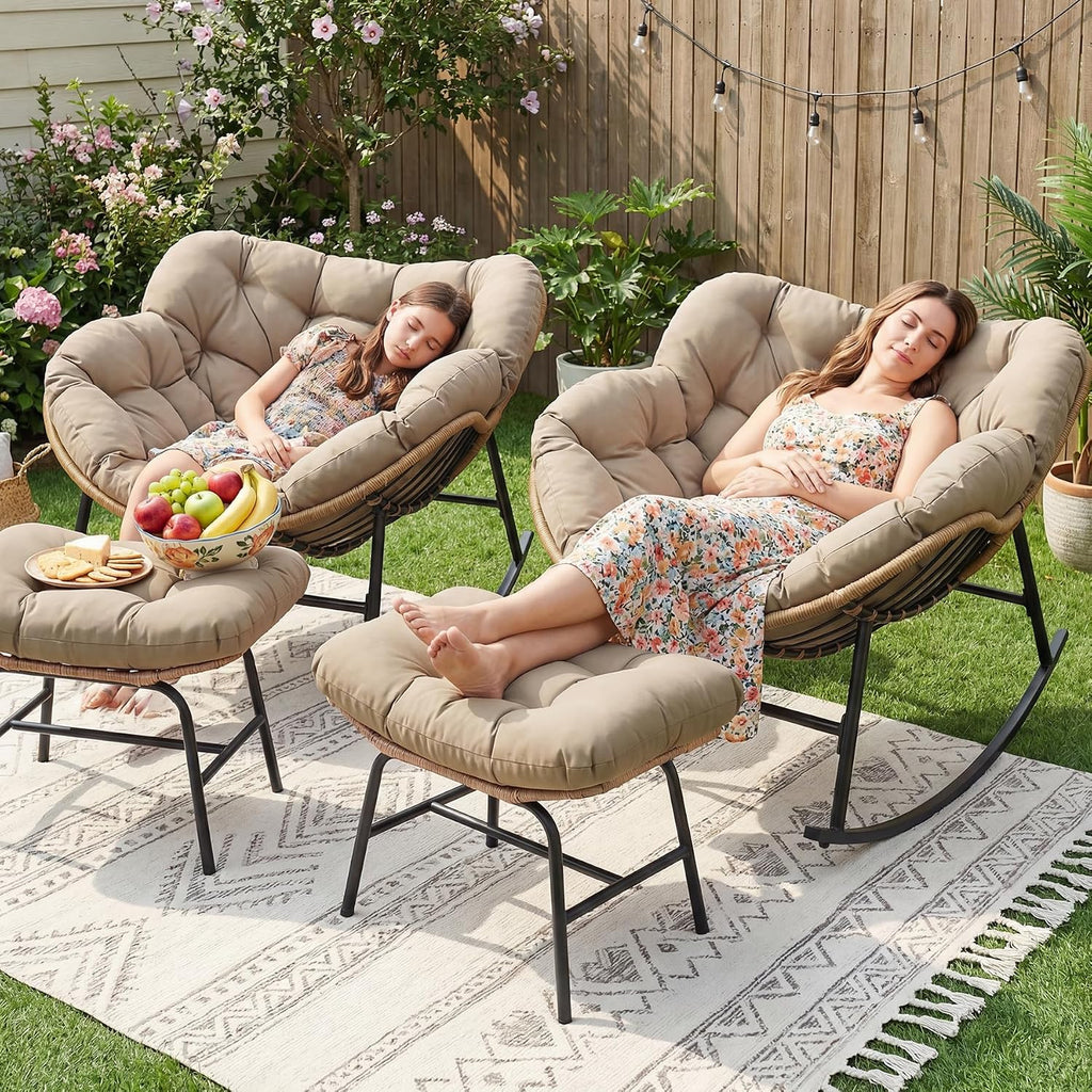 RADIATA 2 PCS Rocking Egg Chair with Ottomans & Cushion, Indoor Outdoor Oversized Lounge Chair, PE Wicker Double Papasan Rocker with Footrests, 450 lbs Weight Capacity for Patio Porch Bedroom Brown