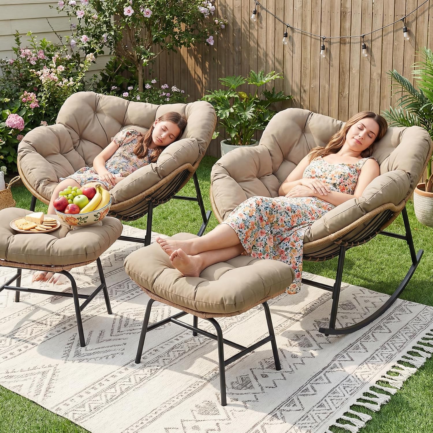 RADIATA 2 PCS Rocking Egg Chair with Ottomans & Cushion, Indoor Outdoor Oversized Lounge Chair, PE Wicker Double Papasan Rocker with Footrests, 450 lbs Weight Capacity for Patio Porch Bedroom Brown