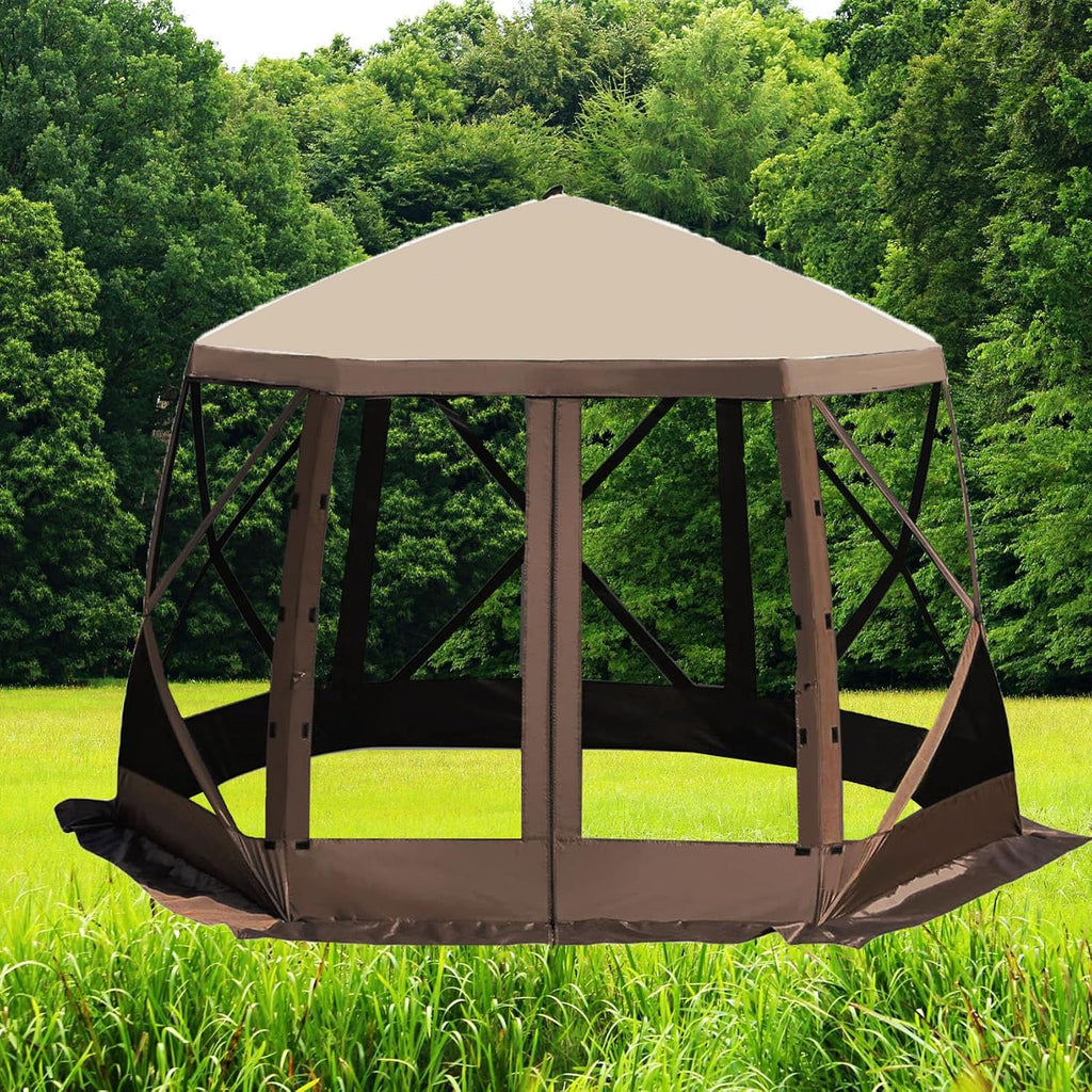 12x12ft Pop-Up Gazebo, Pop Up Canopy Outdoor Screen Tent 6 Side with Portable Carry Bag, Fiber Poles, Guy Rope, Ground Pegs, and 600D Oxford Cloth for Outdoor Camping, Lawn and Backyard