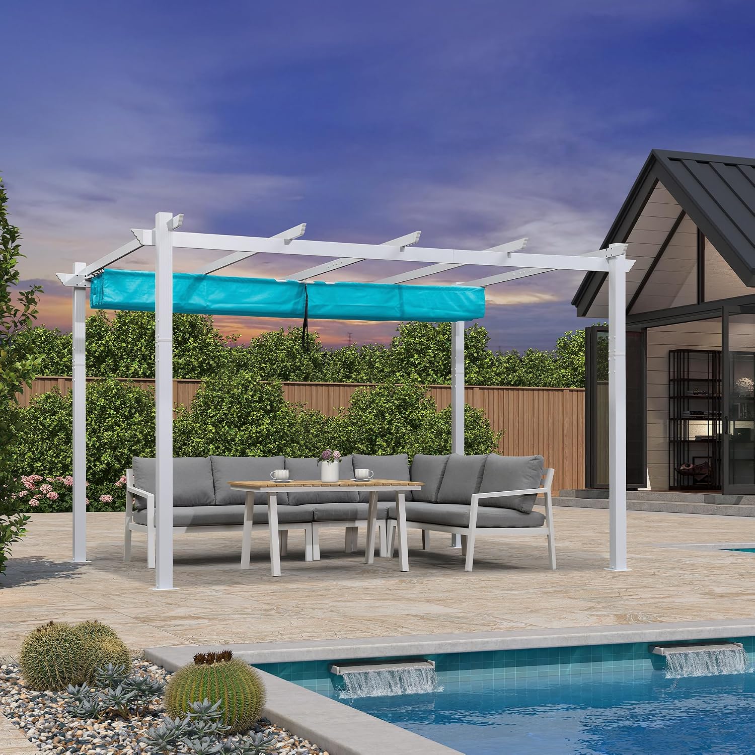 PURPLE LEAF 10' X 12' Outdoor Retractable Pergola with Sun Shade Canopy Cover White Patio Metal Shelter for Garden Porch Yard BBQ Beach Gazebo Grape Trellis Pergola, Turquoise Blue